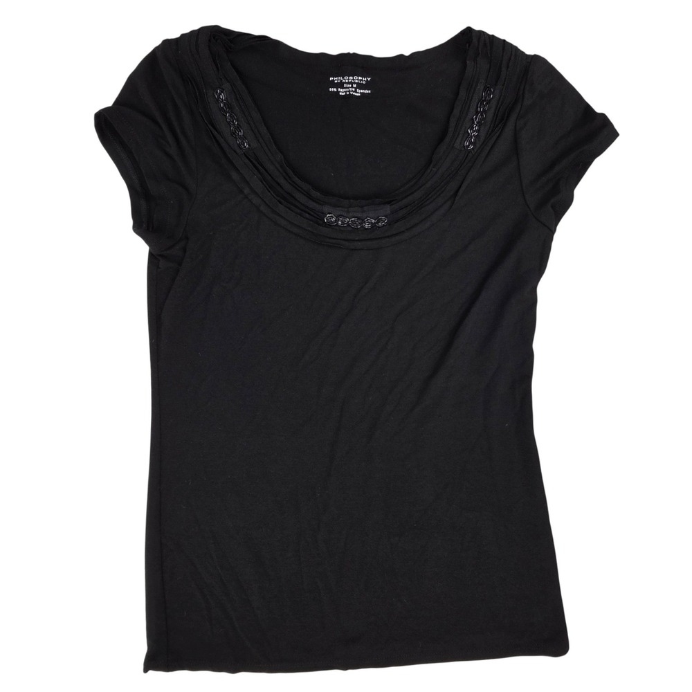 Philosophy by Republic Womens Black Beaded Pleated Scoop Neck Top Size M RN93178